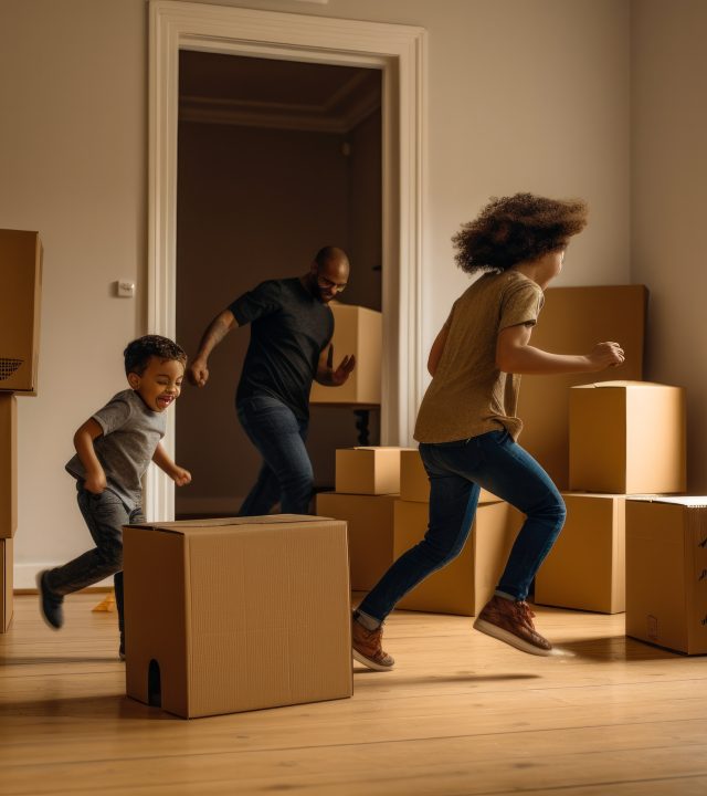 Family moving in new house, sorting boxes with their belongings. Generative ai.