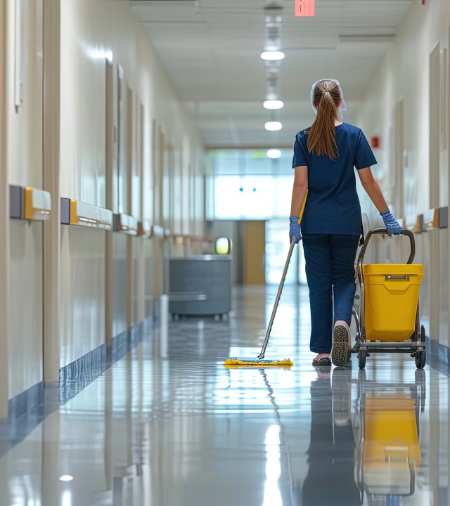 A dedicated school janitor attentively cleans the hallway, ensuring a safe and sanitary environment for students and staff.