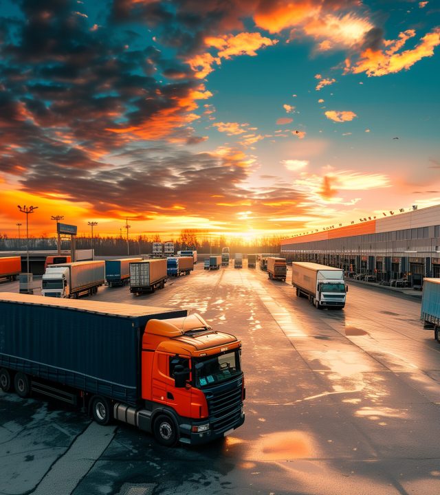 Sunrise illuminates a logistics terminal with rows of trucks loading cargo for early morning distribution.