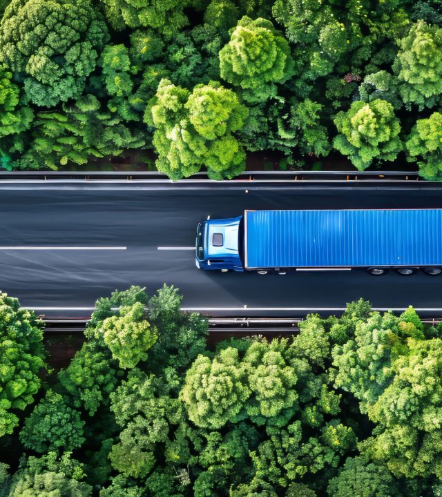 Aerial drone view of car and truck driving on highway road, captured from a top perspective